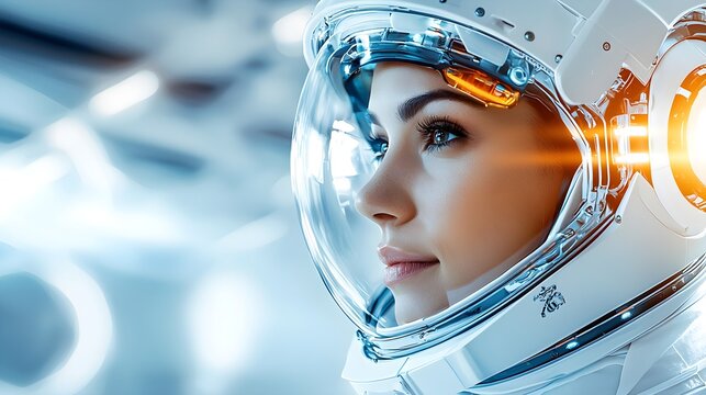 Heroic headshot of a woman astronaut, subtle smile, precise spacesuit detailing, futuristic spaceship control room softly lit in the background
