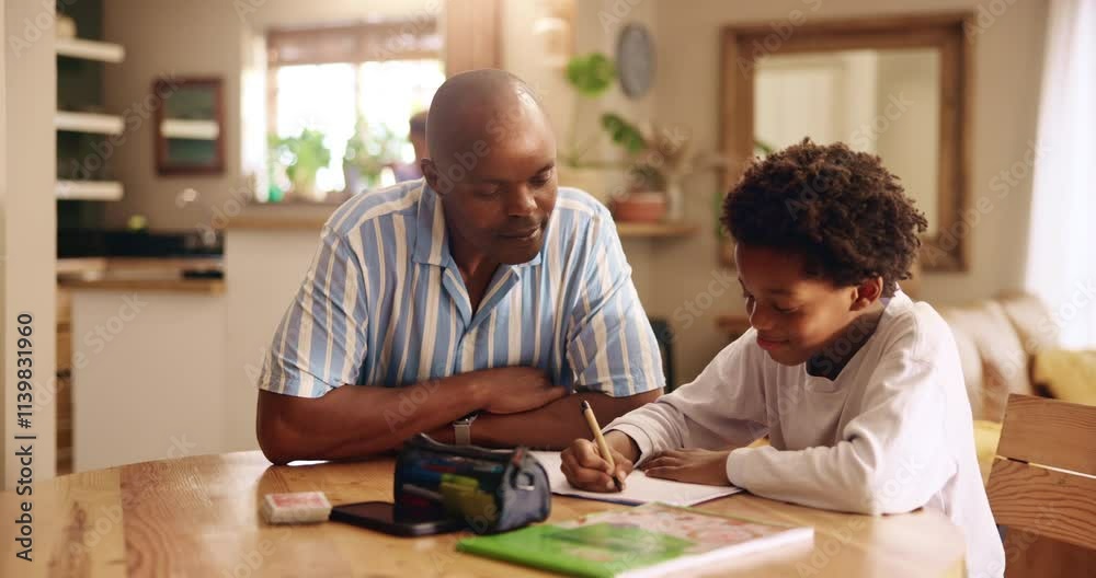 Aufkleber dad, boy and help with homework in home for education, learning and support with care. black family,
