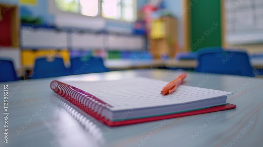Leinwandbilder notebook and pen resting on a desk in a modern classroom filled with bright orange chairs during a s
