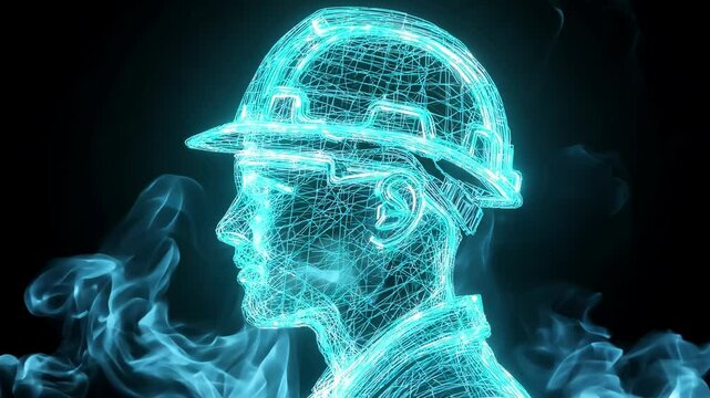 Dramatic Double Exposure:  Engineer with Helmet Against a Background of Intense Flames