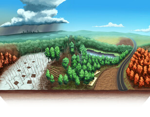 Forest seasonal landscapes, conceptual illustration