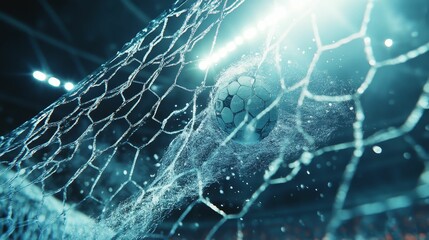 Naklejka premium Wet ball bursts through net; stadium lights gleam.