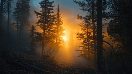 Obraz premium Forest Sunrise: Golden Rays Illuminate Misty Pines