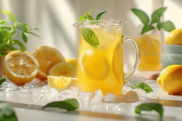 Fototapeta premium A refreshing pitcher of lemonade with ice and fresh mint leaves.