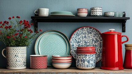 Retro kitchenware arrangement with enamelware and patterned plates