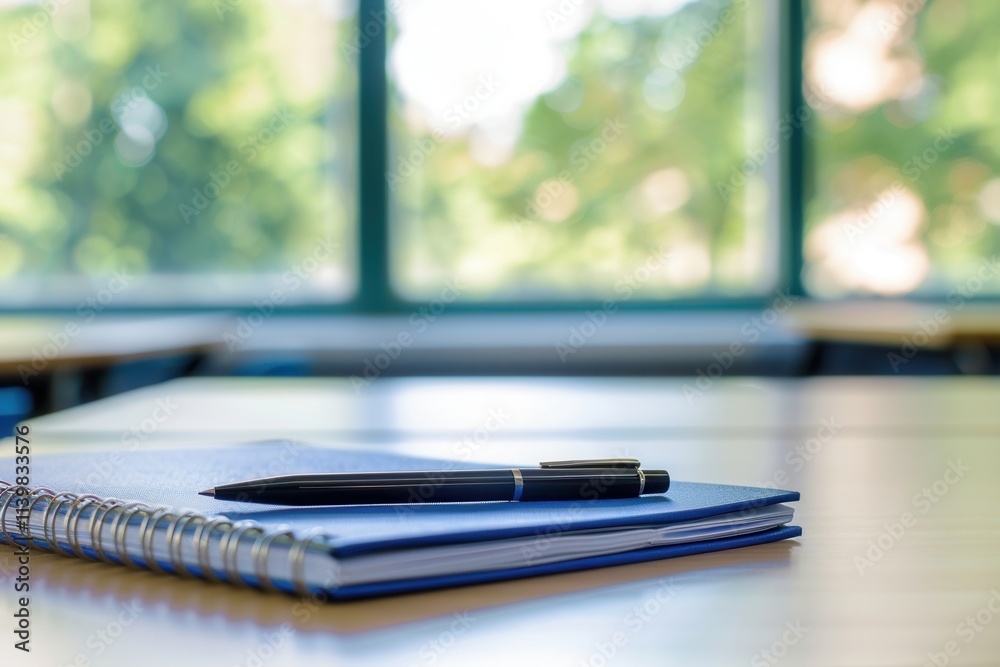 Fototapete notebook and pen resting on a desk in a modern classroom filled with bright orange chairs during a s