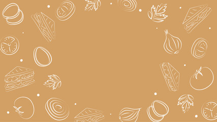 Vector illustration. Background with copy space for text. Pattern of halves, slices and rings of onion, tomatoes; sandwich. Sketch style. Hand drawn kitchen ingredients template for culinary themes.