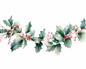 Fototapeta premium Watercolor Christmas holly and candy cane border. (14)