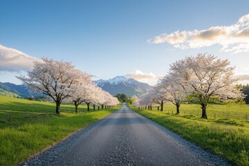 Obraz premium Tranquil cherry blossom road at sunset serene landscape nature photography peaceful environment wide viewpoint