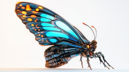 Futuristic butterfly, vibrant blue wings, mechanical insect,  glowing details,  3D render.