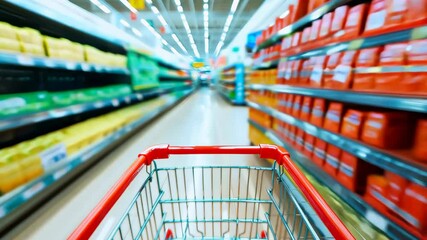 Red shopping cart moving fast through grocery store aisle - Powered by Adobe