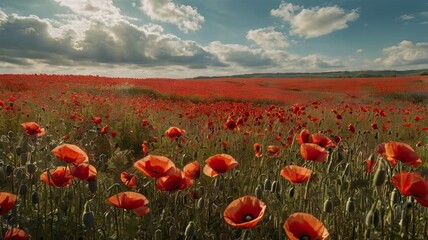 Red Poppy Field Under Sunlit Clouds: A breathtaking vista of a vibrant red poppy field bathed in warm sunlight, with fluffy clouds drifting across a cerulean sky.