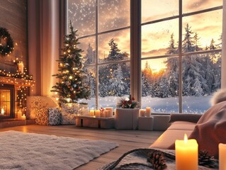 Cozy Christmas Room With Winter Sunset View