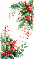 Fototapeta premium Watercolor Christmas holly, berries, candy canes, poinsettia border.