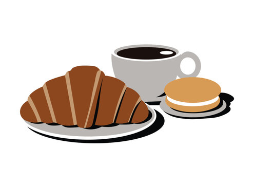 brown croissant, coffee, macaron on plates clip art preview