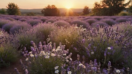 Obraz premium Lavender Field Sunset: A breathtaking view of a vast lavender field bathed in the golden glow of a setting sun.