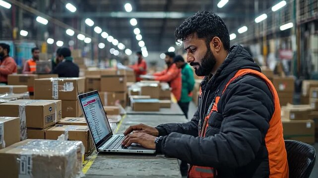 Warehouse Worker Focus:  A dedicated warehouse worker diligently manages inventory and orders, navigating the complexities of modern logistics with focused determination.