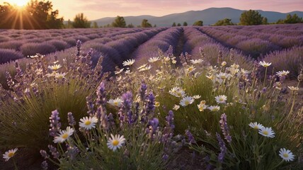 Fototapeta premium Lavender Sunset: A breathtaking panorama of a lavender field bathed in the golden light of the setting sun. The rows of purple lavender stretch out as far as the eye can see.