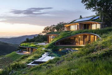 Eco-friendly home built into hillside with green roofs and solar panels twilight lighting nature inspired sustainable design