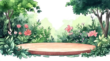 Wooden Platform in a Lush Green Forest with Pink Flowers.