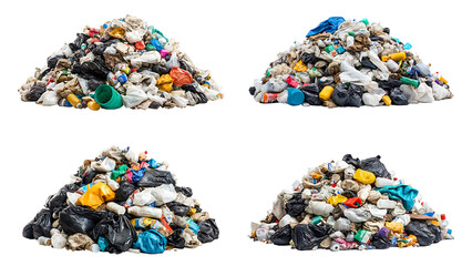 Fototapeta premium Four piles of mixed trash, including plastic, paper, and other debris. transparent background.