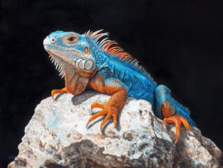 Obraz premium Iguana basking on rock soft light highlighting textured skin artistic nature portrait dark background close-up view