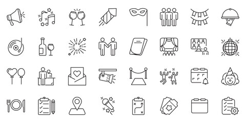 Event planning set of web icons in linear style. Event organisation icons for web and mobile app. Management, wedding, entertainment, catering, invitations, catering, coordination. Vector illustration