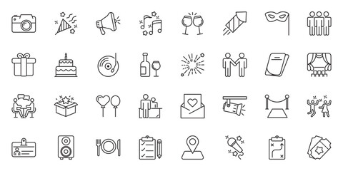 Event planning set of web icons in linear style. Event organisation icons for web and mobile app. Management, wedding, entertainment, catering, invitations, catering, coordination. Vector illustration