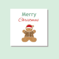 Christmas card with festive flat design of gingerbread man. Vector