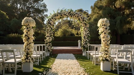 Obraz premium Romantic Garden Wedding Ceremony: A breathtaking outdoor wedding ceremony setting. White floral archway, white chairs, and a white petal aisle lead to a wooden platform.