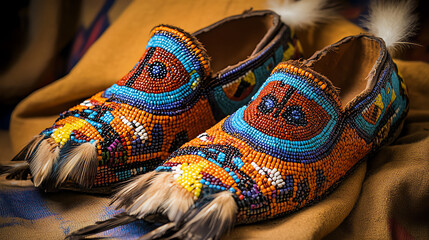 Native American beaded moccasins with fur detail