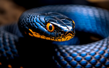 Fototapeta premium A blue snake with yellow eyes is shown in the image. The snake is coiled up and he is looking at the camera. The blue color of the snake is striking and stands out against the background