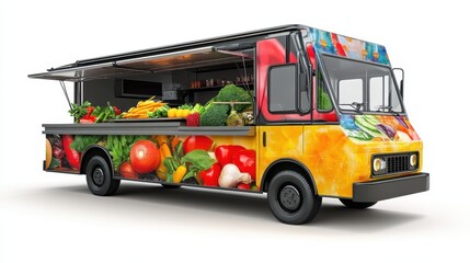 A food truck with a colorful design of vegetables on it