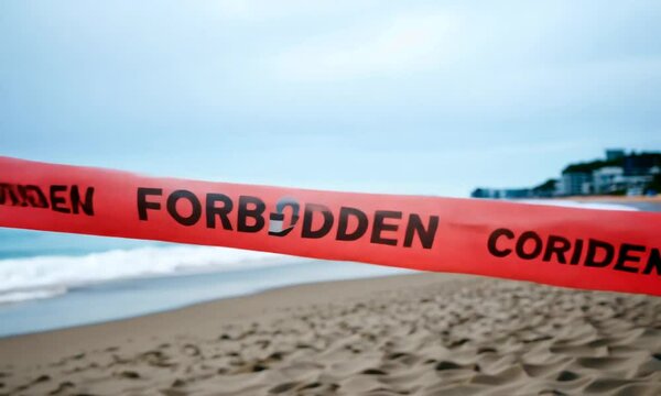 A red "FORBIDDEN" tape marking a restricted beach area.