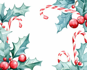 Obraz premium Watercolor Christmas holly, candy canes border. (6)