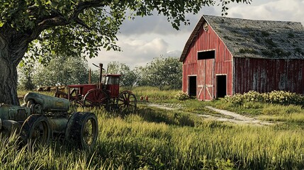 Rustic farm scene with vintage equipment and a weathered red barn