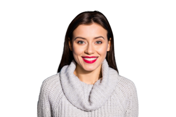 Portrait of pretty lady smiling looking wearing gray jumper isolated over blue background