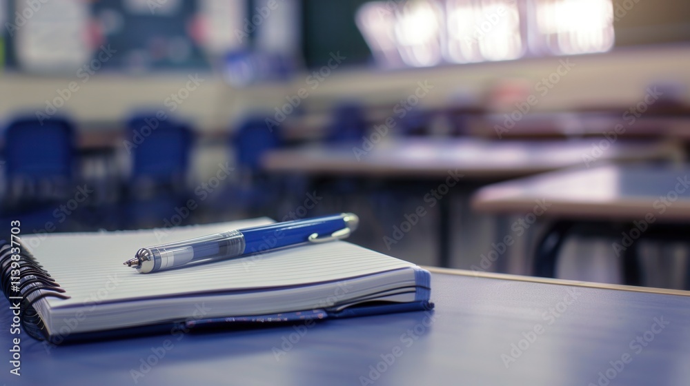 Aufkleber Notebook and pen on a desk in a classroom during a lesson with empty chairs and sunny windows. Generative AI