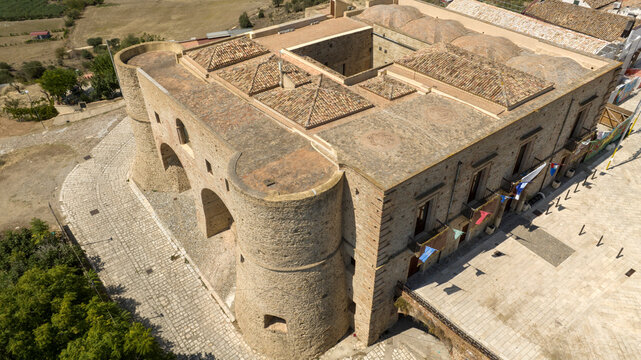 Aerial view of the castle of Bernalda, in the province of Matera, Basilicata, Italy. It has a rectangular shape and is located in the historic center of the town.