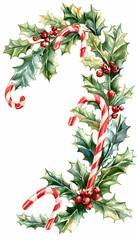 Watercolor holly and candy cane Christmas wreath design element.