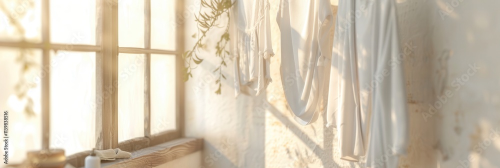 Poster Linen drying in the sun on a serene clothesline beside a window in a cozy indoor space. Generative AI