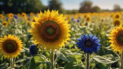 Obraz premium Sunflowers and Cornflowers in a Summer Field 