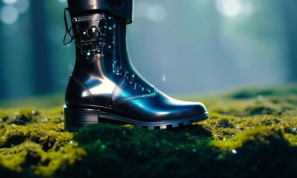 A futuristic boot displayed on moss in a serene environment.