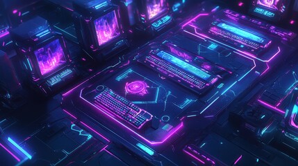 Obraz premium A computer monitor with a keyboard is shown in a neon color