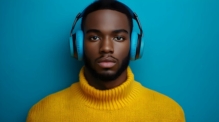 Man in Yellow Sweater Listening to Music with Blue Headphones