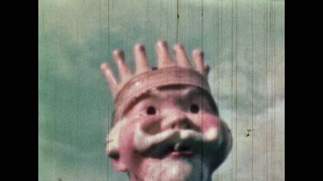 Abstract, king smoker smoking cigarette on blue sky background. Weird nicotine tobacco addiction concept. Person unhealthy, danger habit. Vintage color film. Creepy King Mask. Old archive. Retro 1960s