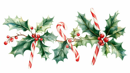 Fototapeta premium Watercolor holly branches with candy canes.