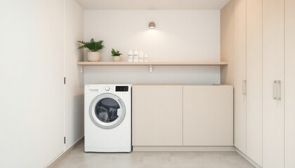 Minimalist Style - Laundry Room Interior Design With Minimalist Concept - Hotel Laundry Room - Apartment Laundry Room Interior With Washing Machine - Interior Design. Washing Machine Minimalist Design