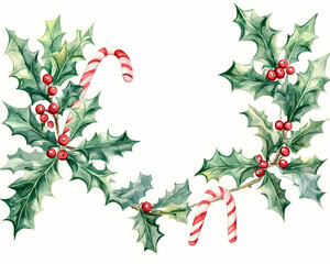 Naklejka premium Watercolor holly leaves and candy canes frame.