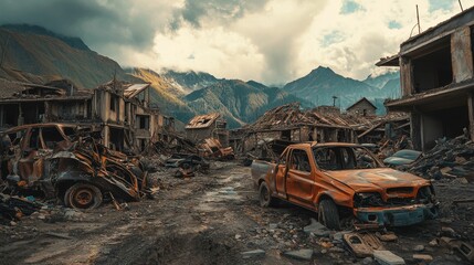 Fototapeta premium Ruined village, burnt vehicles, mountainous backdrop.